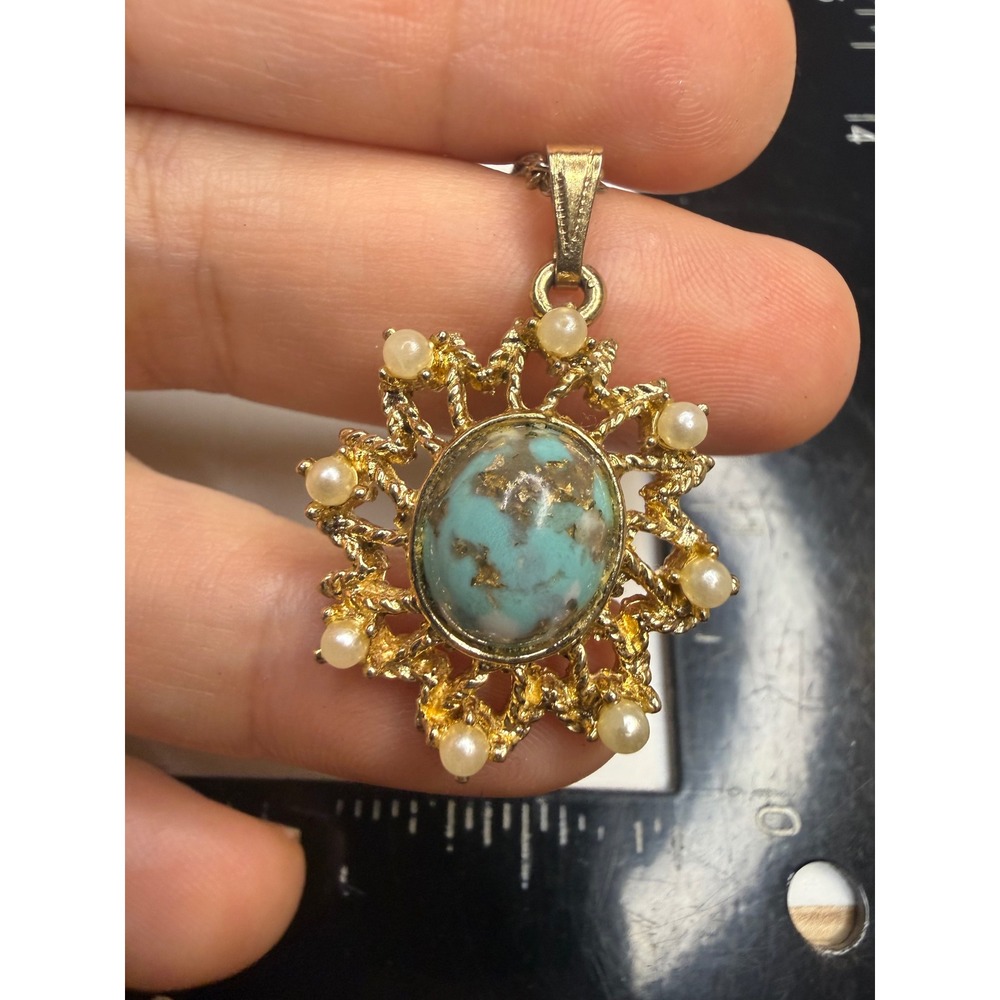 Sarah Coventry Faux Turquoise Pearl Sunburst Gold Tone Necklace Pendant